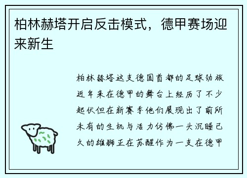 柏林赫塔开启反击模式，德甲赛场迎来新生